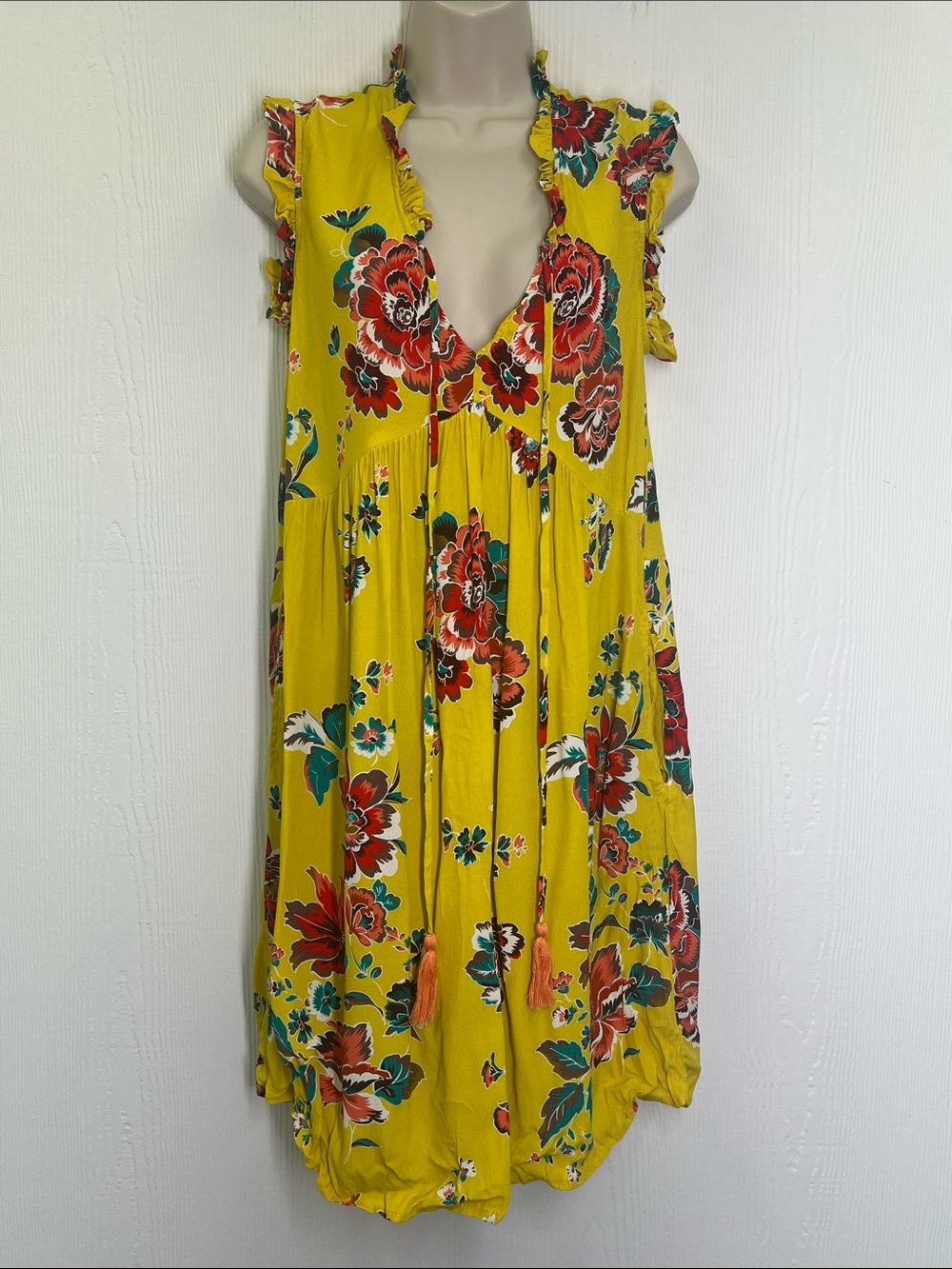 Uncle Frank - Yellow Colorful Floral Sleeveless Deep V Neck Mini Dress Size XS